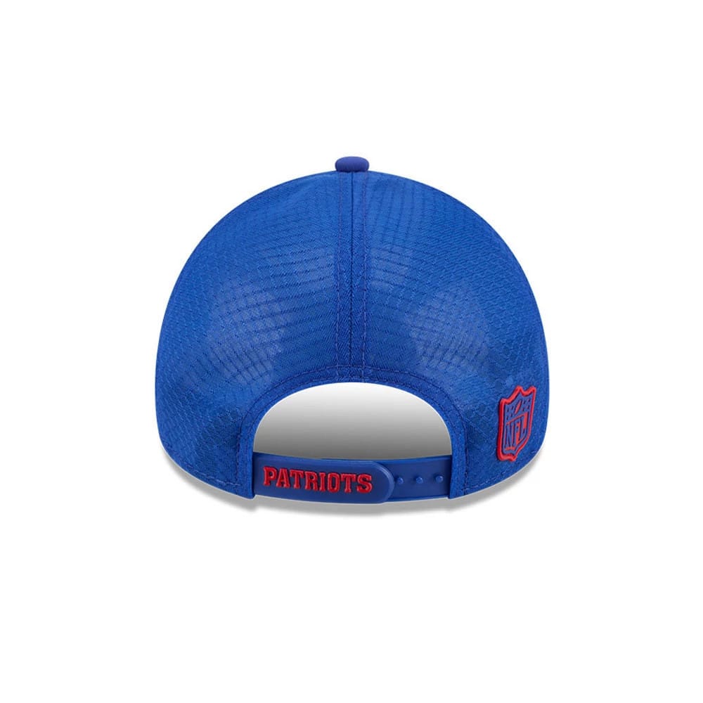 New England Patriots NFL Sideline 2026 Blue New Era 9FORTY Apex Adjustable Cap, rear view showing the red Patriots lettering on the adjustable blue strap and the NFL shield logo on the left side near the edge of the structured blue crown.