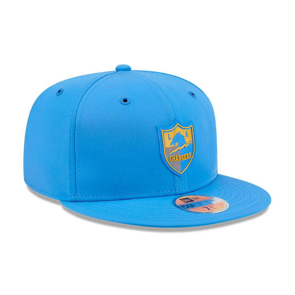 LA Chargers NFL Sideline 2026 Blue New Era 59FIFTY Fitted Cap, three-quarter view showing the raised embroidered team logo on the front panel, a flat blue visor with a gold 59FIFTY size sticker, and matching blue eyelets and top button.