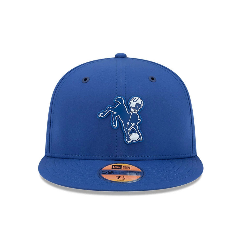 Indianapolis Colts NFL Sideline 2026 Blue New Era 59FIFTY Fitted Cap, front view showing the raised embroidery of a blue and white Colts logo on the structured blue crown, with a flat blue visor, and a gold 59FIFTY size sticker on the visor.