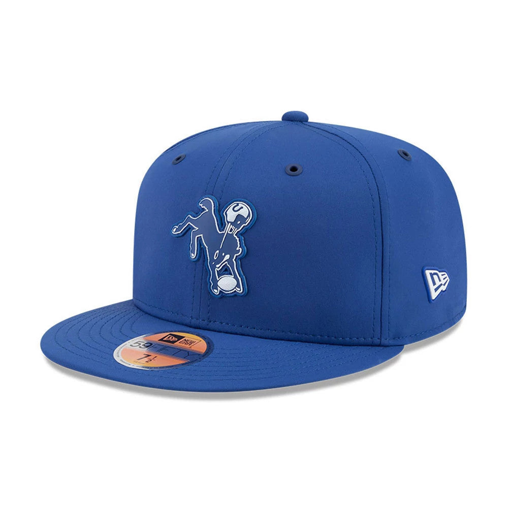 Indianapolis Colts NFL Sideline 2026 Blue New Era 59FIFTY Fitted Cap, front view showing a blue and white embroidered Colts logo on the front panel, curved blue visor with a gold 59FIFTY size sticker, and New Era flag logo on the left side.