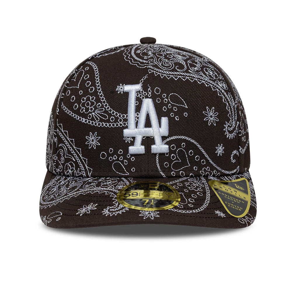 Pictured is this MLB All Over Paisley LA Dodgers Low Profile 59FIFTY Fitted cap in dark brown. 2