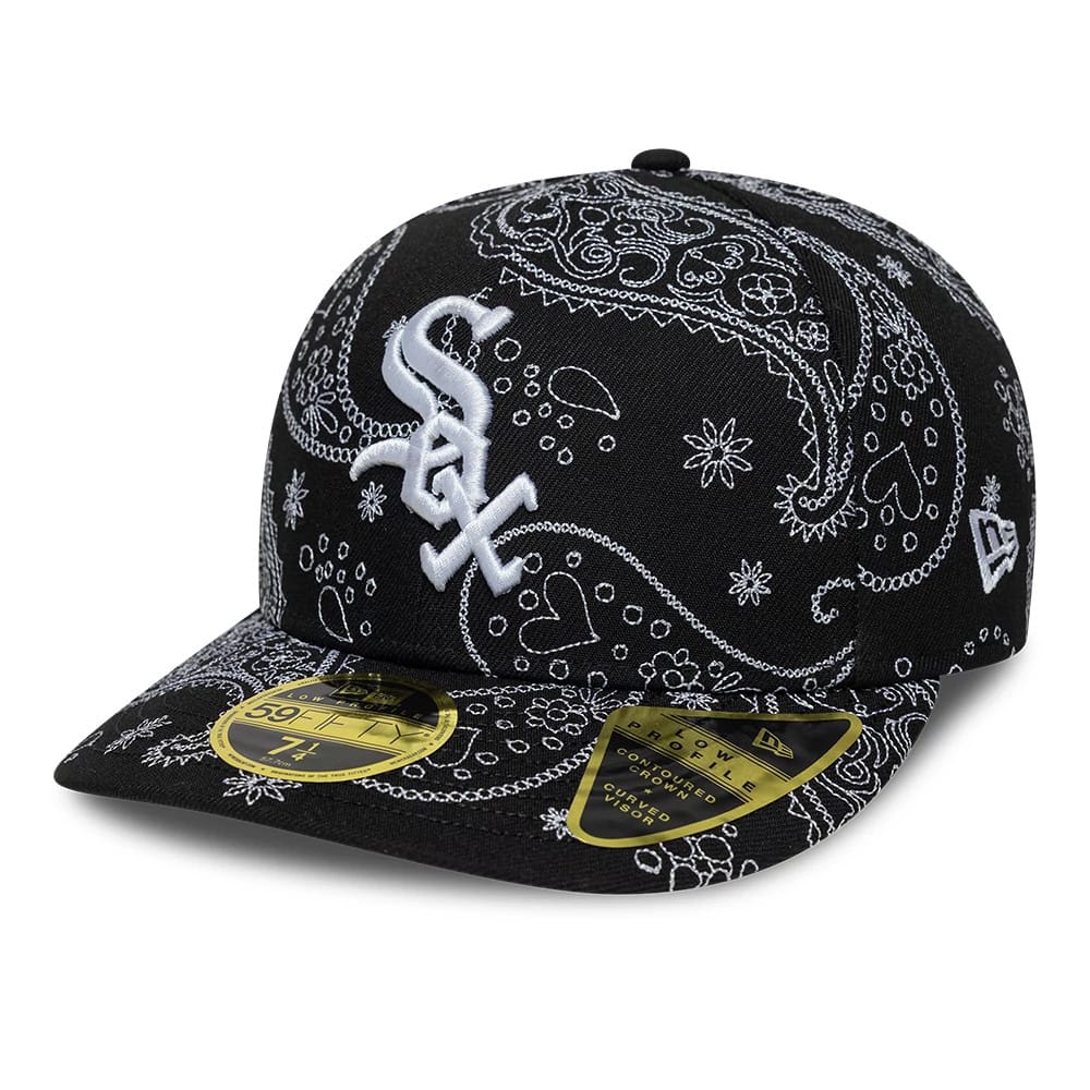 Chicago White Sox MLB All Over Paisley Black New Era Low Profile 59FIFTY Fitted Cap, front view showing the white embroidered Sox logo on the black paisley patterned crown, with matching paisley on the curved visor and a gold 59FIFTY size sticker.