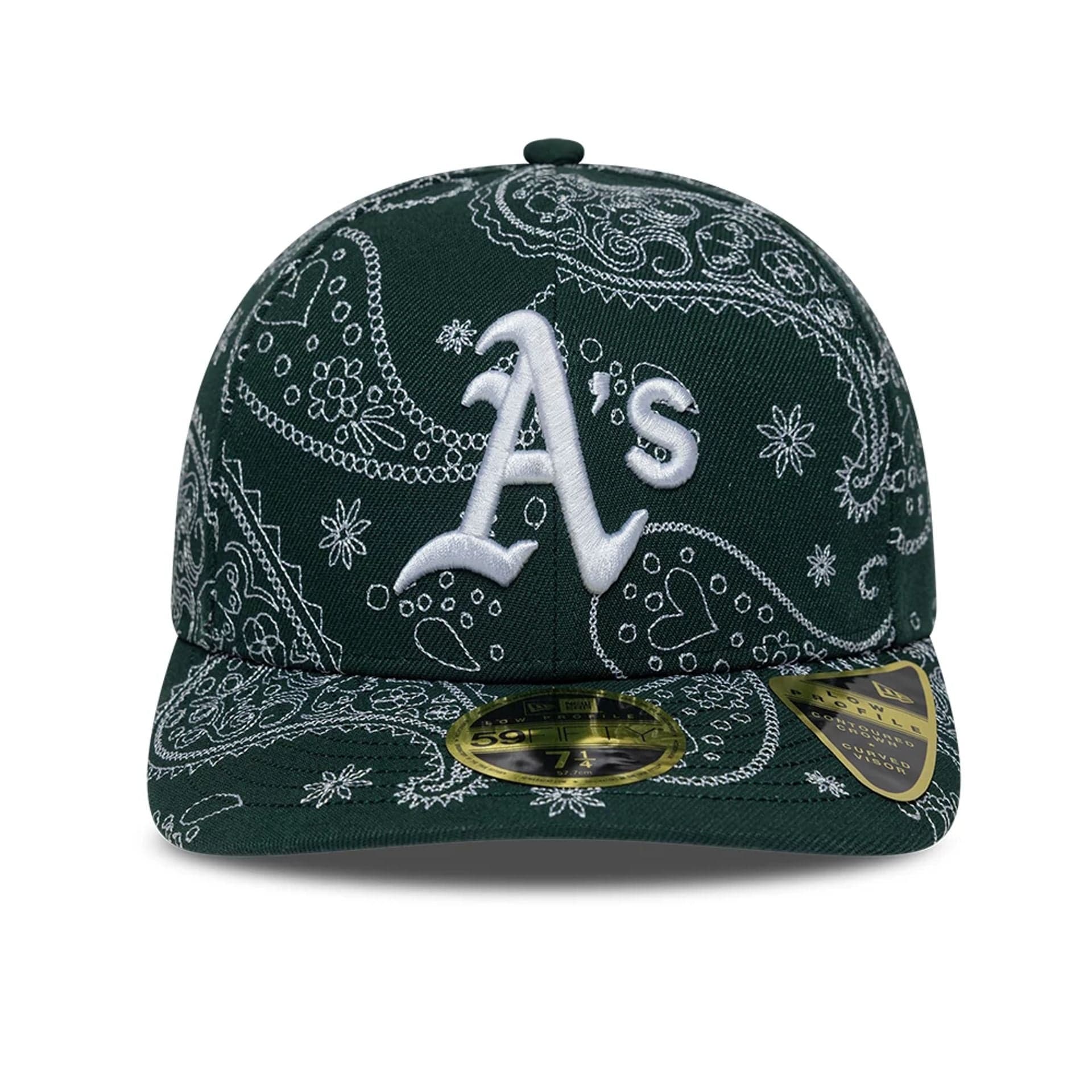 Pictured is this MLB All Over Paisley Athletics Low Profile 59FIFTY Fitted cap in dark green. 2
