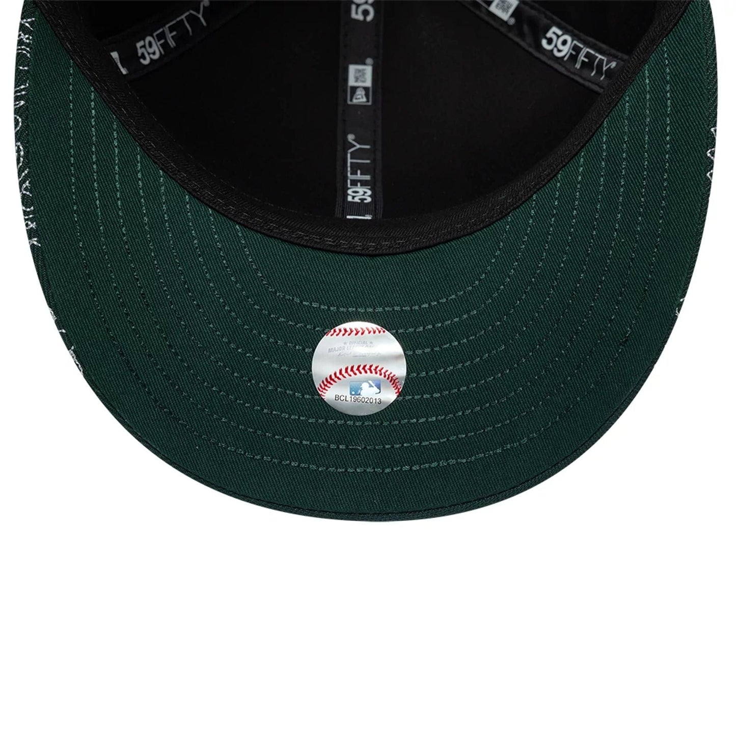 Athletics MLB All Over Paisley Dark Green New Era Low Profile 59FIFTY Fitted Cap, inside view showing black 59FIFTY branded taping on dark green fabric, a black sweatband, and a detailed sticker with a baseball design on the dark green undervisor.