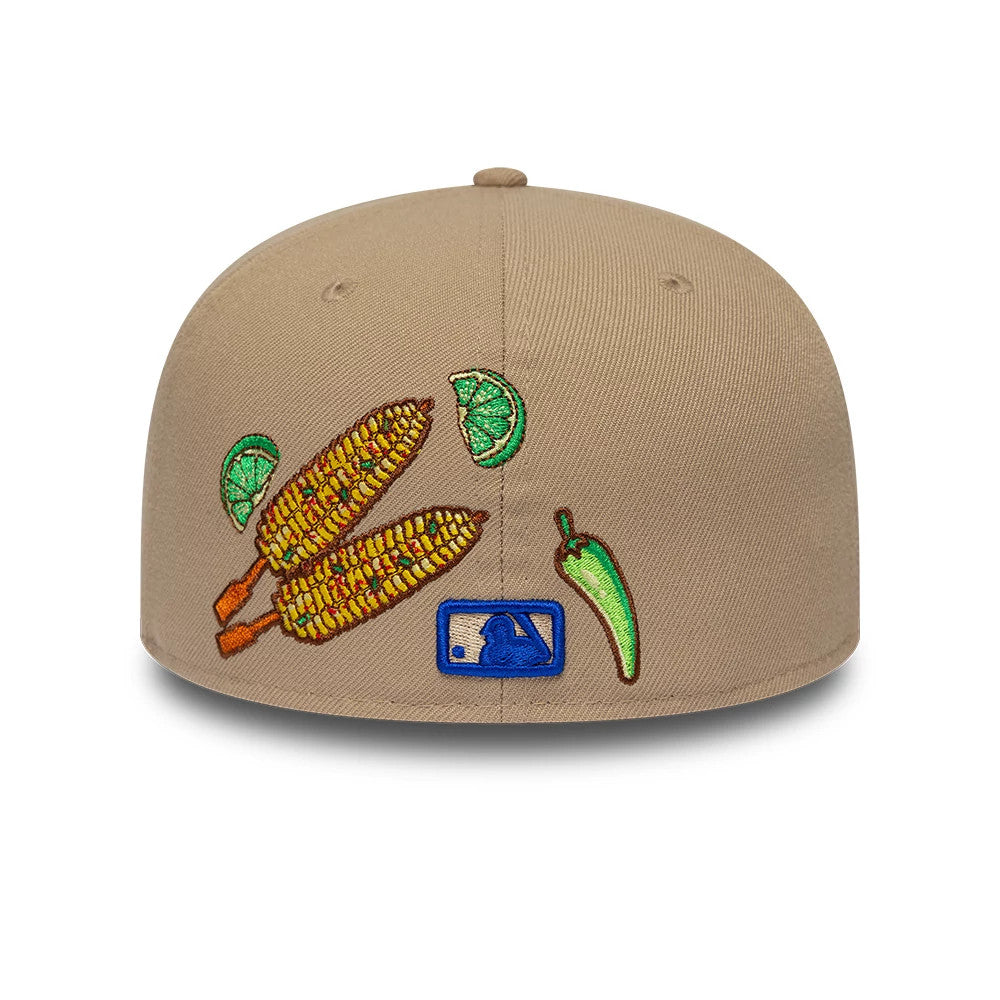 LA Dodgers MLB Food Beige New Era 59FIFTY Fitted Cap, rear view showing detailed embroidered food icons including corn, lime wedges, and a green chilli pepper, with the MLB Batterman logo in blue at the centre back on a structured beige crown.