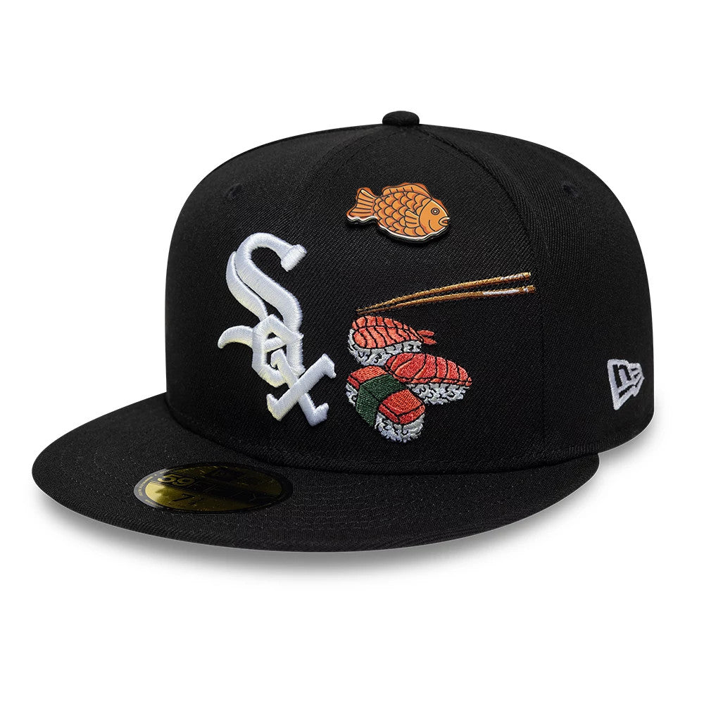 Chicago White Sox MLB Food Black New Era 59FIFTY Fitted Cap, front view showing raised white Sox logo on the structured black crown, detailed sushi and fish embroidery to the right, and a gold 59FIFTY size sticker on the black flat visor.