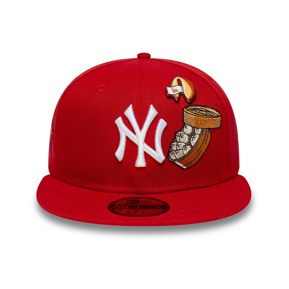 New York Yankees MLB Food Red New Era 59FIFTY Fitted Cap, front view showing a large white NY logo embroidered on the front panel, with an embroidered food graphic to the right and a black 59FIFTY size sticker on the red visor.