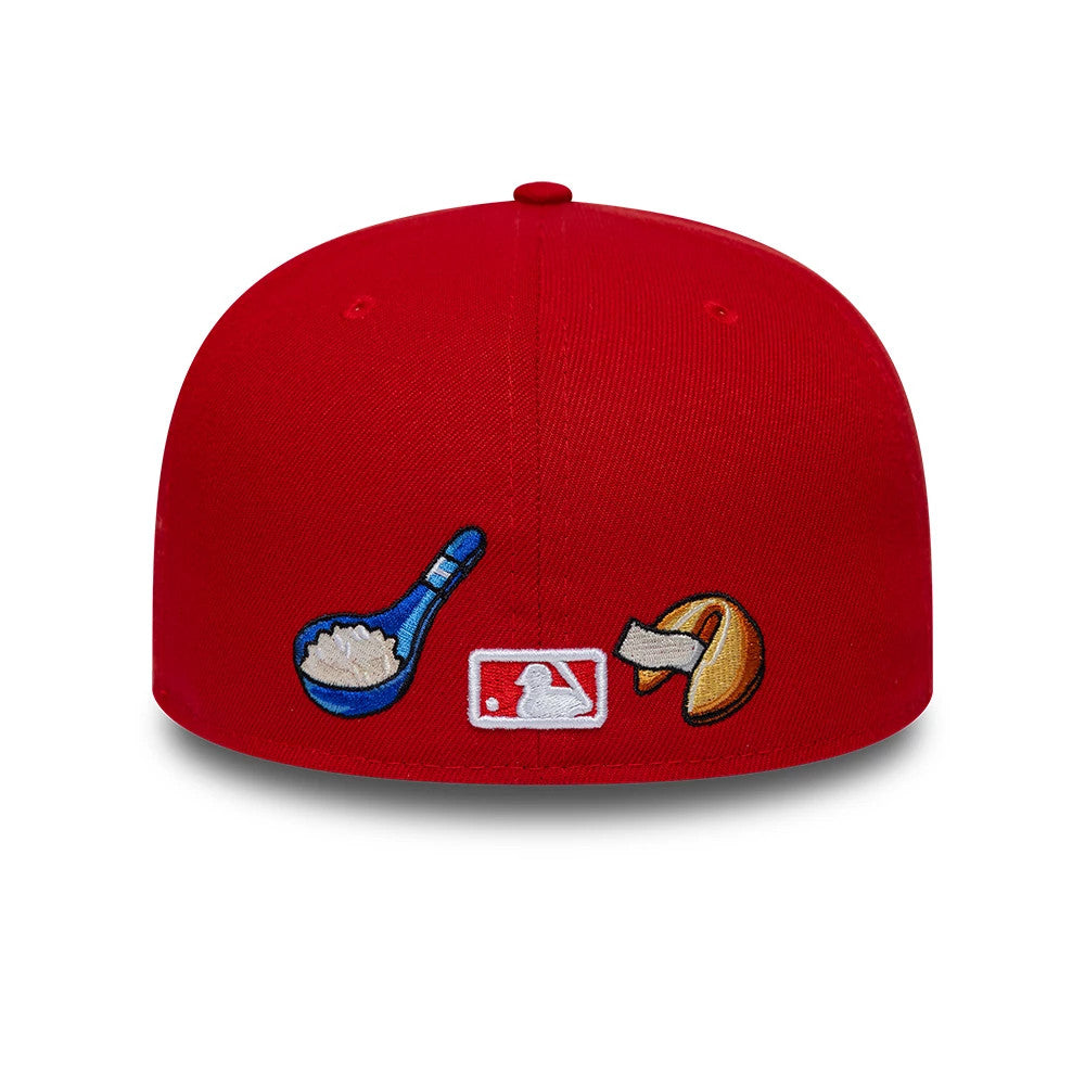 New York Yankees MLB Food Red New Era 59FIFTY Fitted Cap, rear view showing a white embroidered MLB Batterman logo centred between a blue rice bowl and a fortune cookie, all set on a red structured crown.