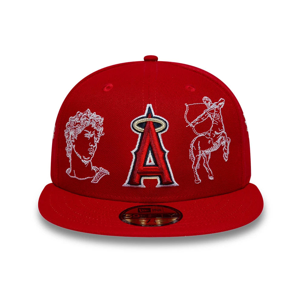LA Angels MLB Mythical Red New Era 59FIFTY Fitted Cap, front view showing a raised red and white Angels A logo embroidered on the front panel, flanked by white mythological figures, with a gold 59FIFTY size sticker on the red flat visor.