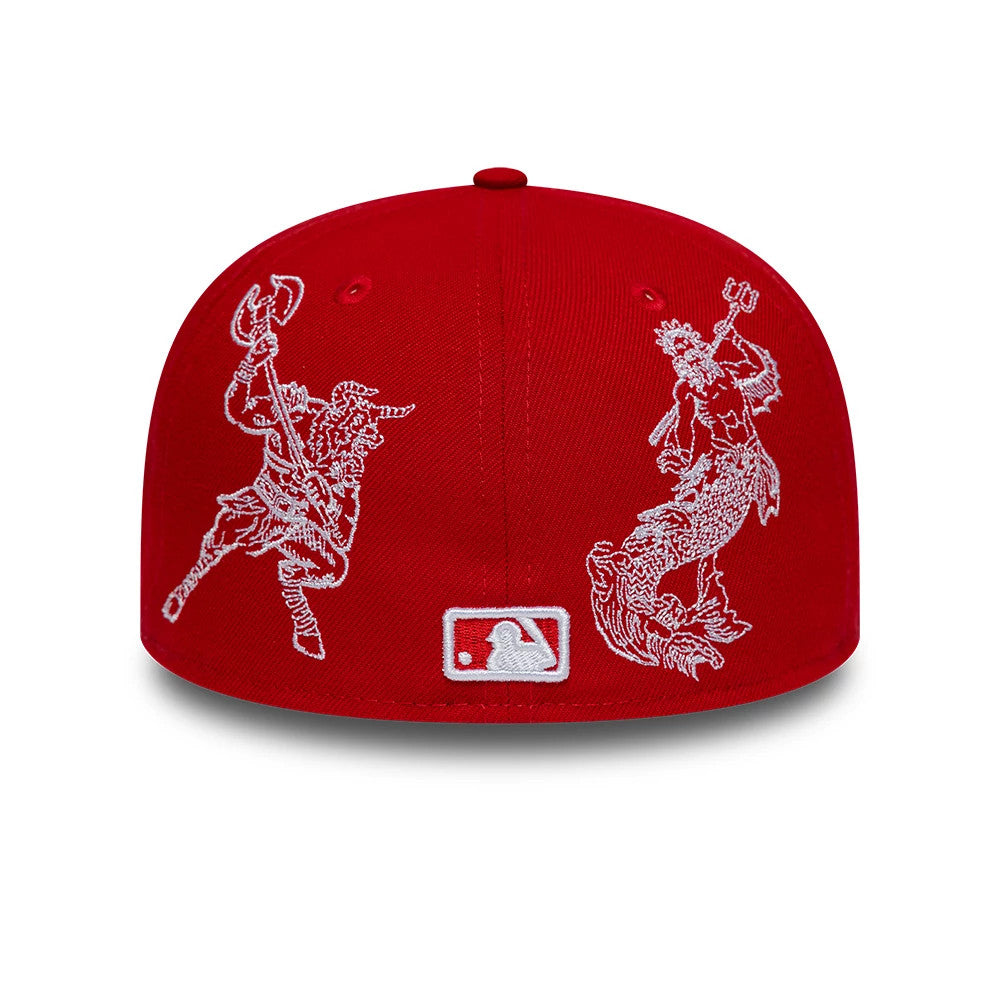LA Angels MLB Mythical Red New Era 59FIFTY Fitted Cap, rear view showing detailed white embroidered mythical figures on the back panels, with the MLB Batterman logo centred at the bottom of the red structured crown.