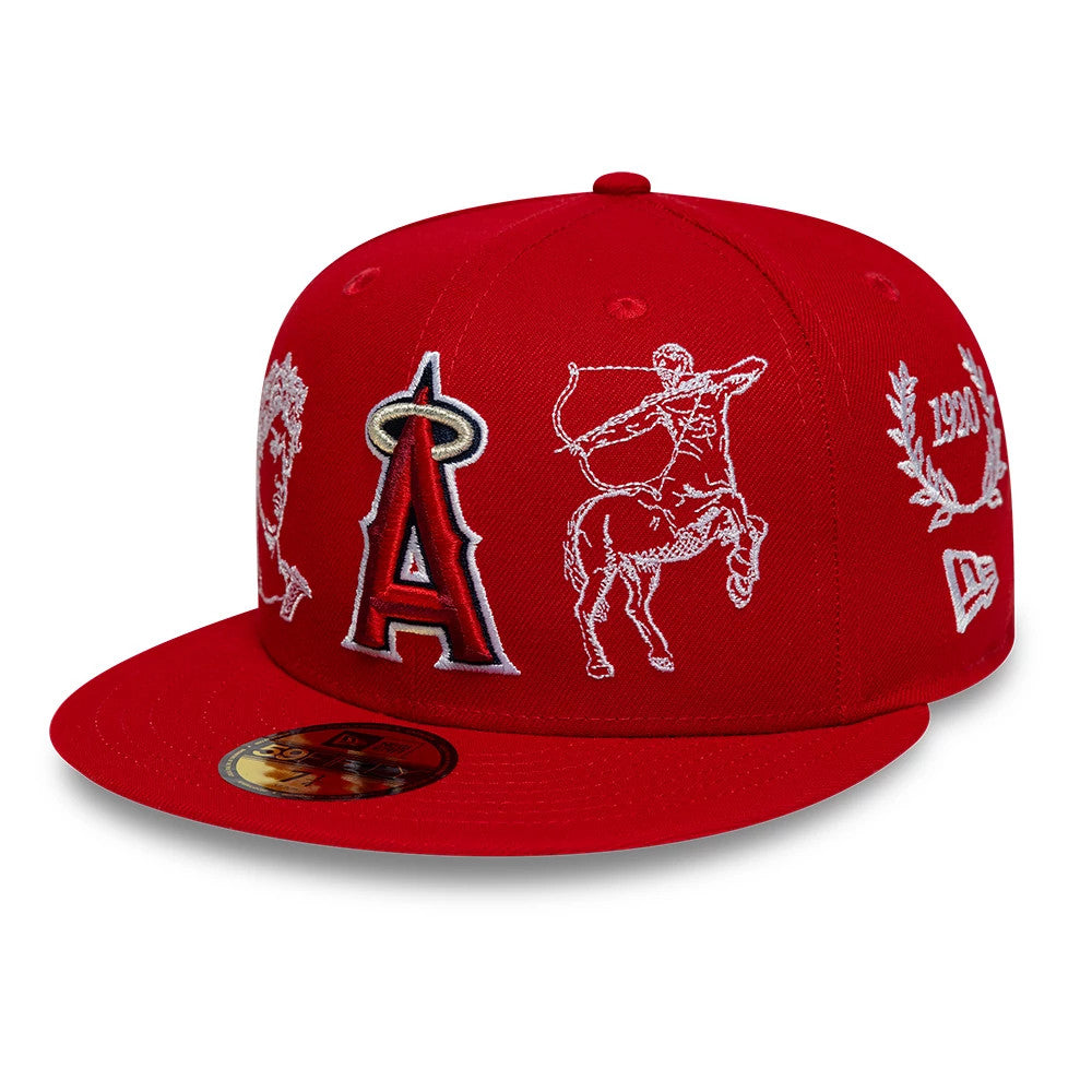 LA Angels MLB Mythical Red New Era 59FIFTY Fitted Cap, three-quarter view showing the large red and white embroidered A logo with a halo on the front panel, detailed mythical graphics on both sides.