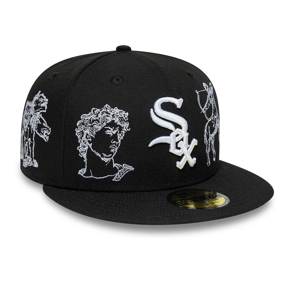 Chicago White Sox MLB Mythical Black New Era 59FIFTY Fitted Cap, front view showing the white embroidered Sox logo on the front panel, detailed mythical graphic designs on the side panels, and a gold 59FIFTY size sticker on the flat black visor.