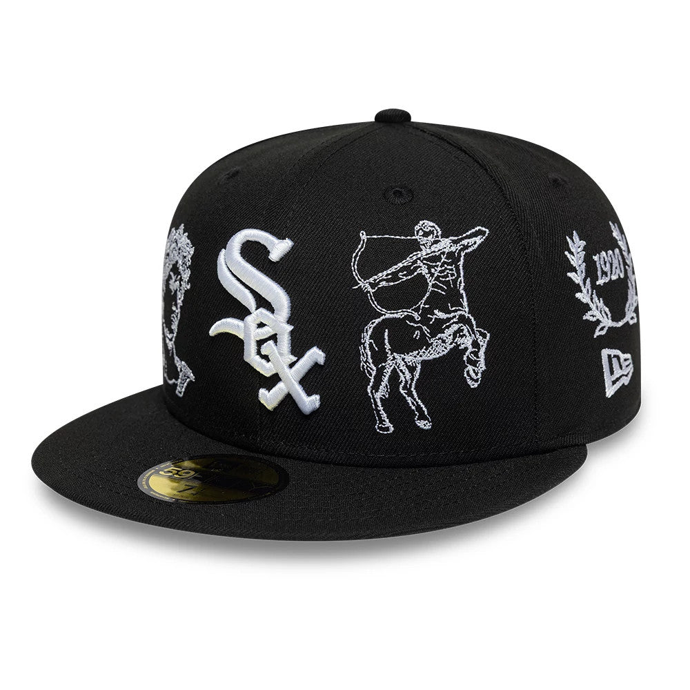 Chicago White Sox MLB Mythical Black New Era 59FIFTY Fitted Cap, three-quarter view showing the white embroidered White Sox logo on the front panel, intricate mythical centaur graphic, and New Era flag logo on the left side.