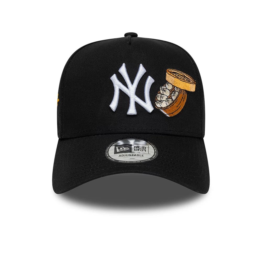 New York Yankees MLB Food Black New Era 9FORTY A-Frame Adjustable Cap, front view showing white embroidered NY logo and a food graphic on the front panels, with black pre-curved visor and 9FORTY size sticker on the top.
