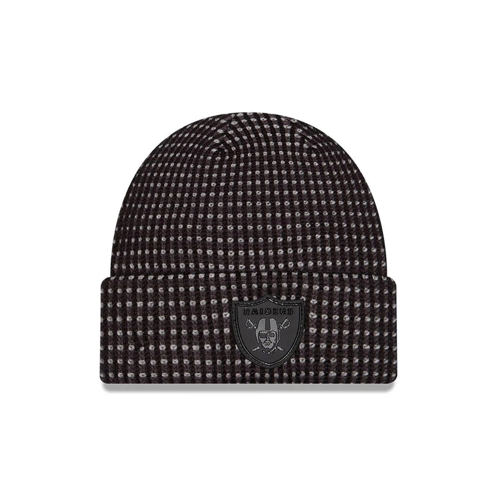 Pictured is this NFL Sideline 2026 Las Vegas Raiders Cuff Knit Beanie Hat in black and grey. 1