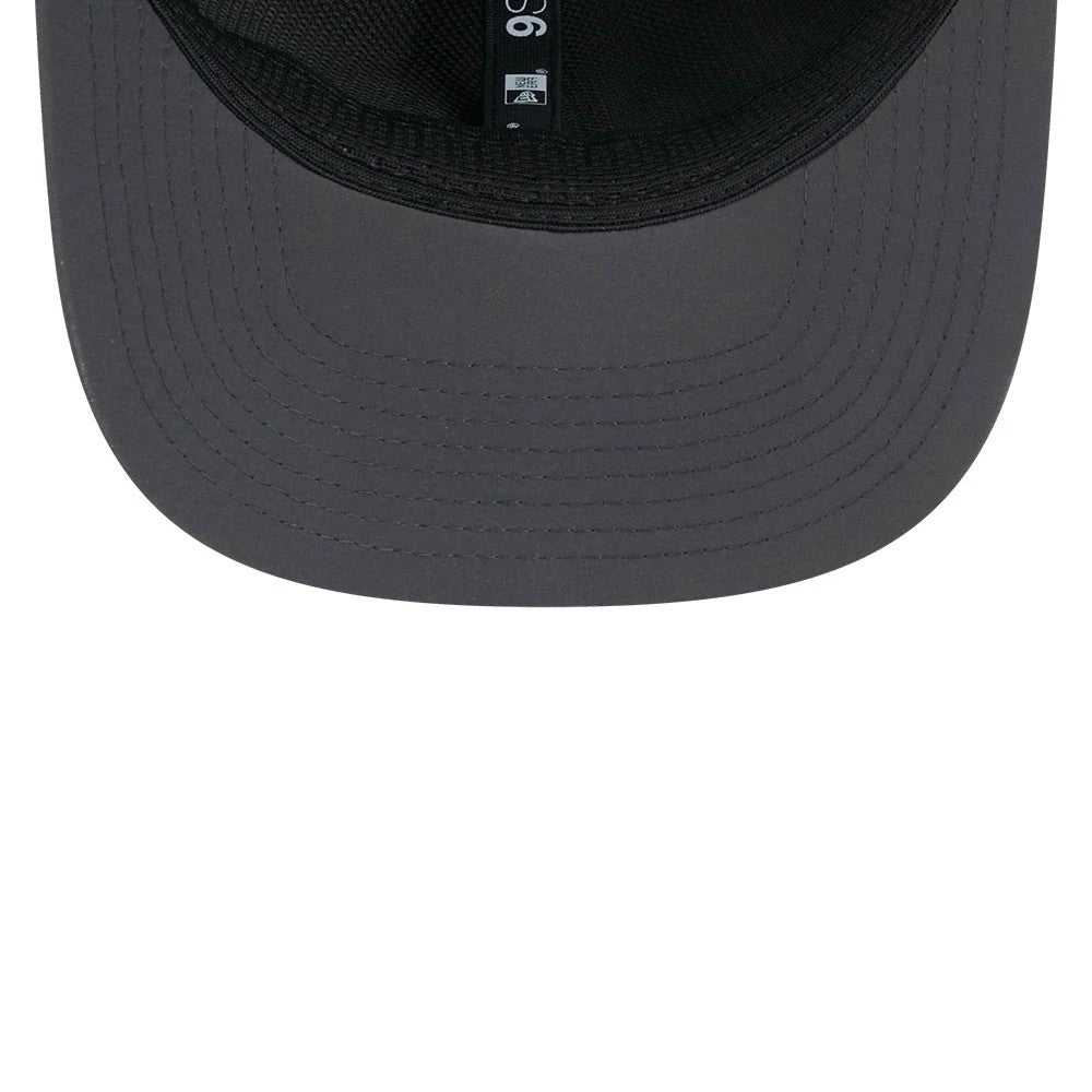 49ers NFL Sideline 2026 Charcoal New Era 9SEVENTY Stretch Snap Adjustable Cap, inside view showing a black sweatband, dark taping with 9SEVENTY and New Era flag logo, and a flat charcoal visor.