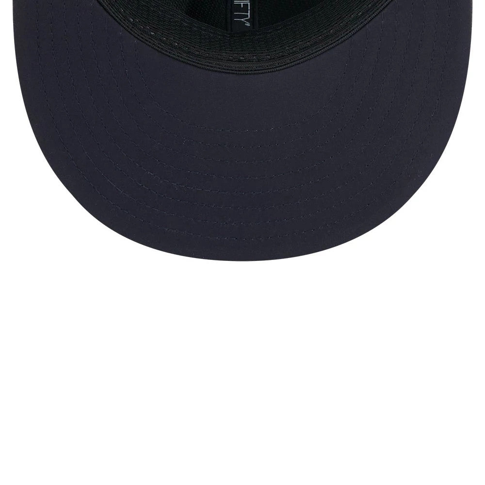 Houston Texans NFL Sideline 2026 Charcoal New Era 9FIFTY Snapback Adjustable Cap, inside view showing black taping with the 9FIFTY logo, a dark undervisor, and the circular seam stitching on the underside of the visor.