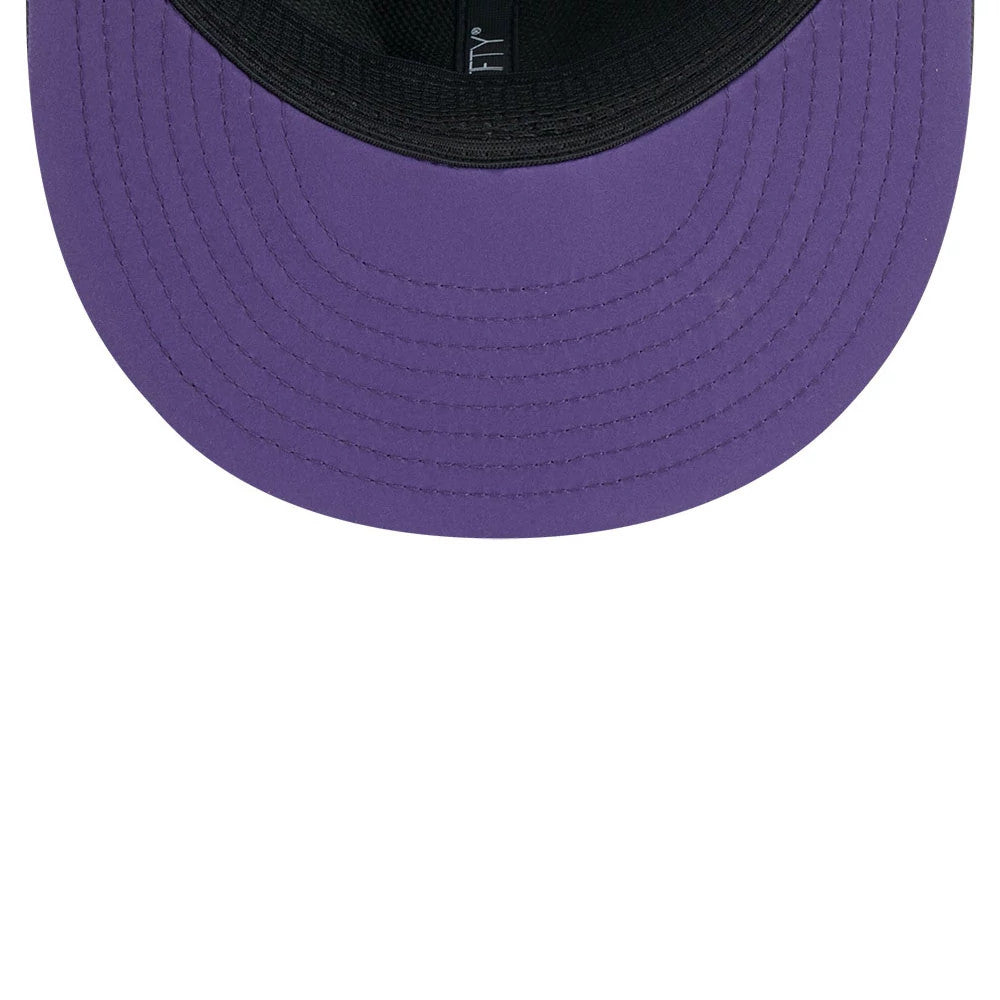 Ravens NFL Sideline 2026 Charcoal New Era 9FIFTY Snapback Adjustable Cap, inside view showing the black sweatband, black taping, and a contrasting purple undervisor with detailed stitching throughout.