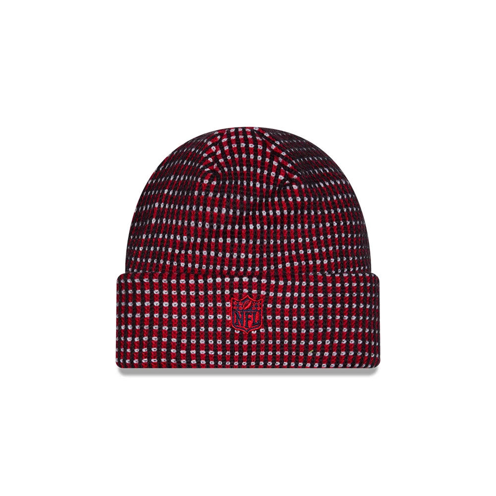 New Era Houston Texans NFL Sideline 2026 Navy Cuff Knit Beanie Hat, front view showing the red and navy check pattern with a raised embroidered red NFL shield logo on the turned-up cuff, and a snug fit indicating warmth and comfort.