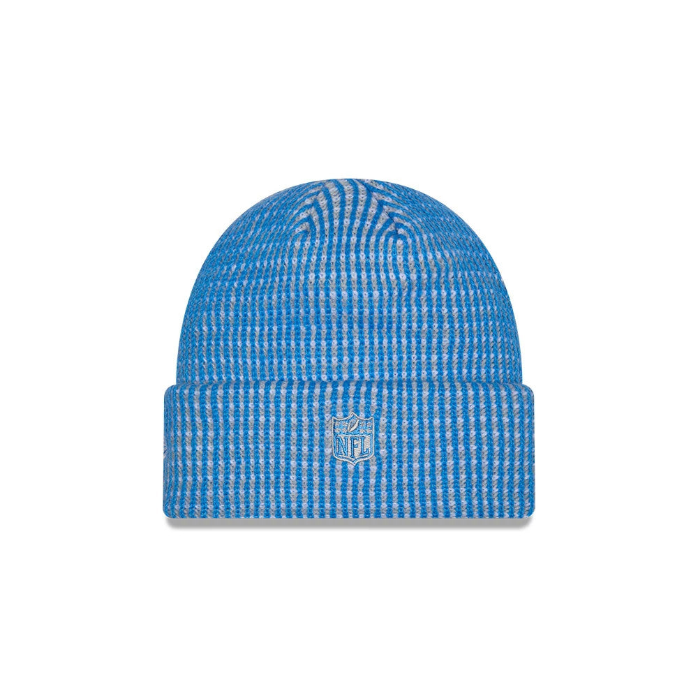 New Era Detroit Lions NFL Sideline 2026 Blue Cuff Knit Beanie Hat, front view showing the textured blue and grey knit pattern, with an embroidered NFL shield logo on the front of the cuff, featuring a fitted ribbed design.