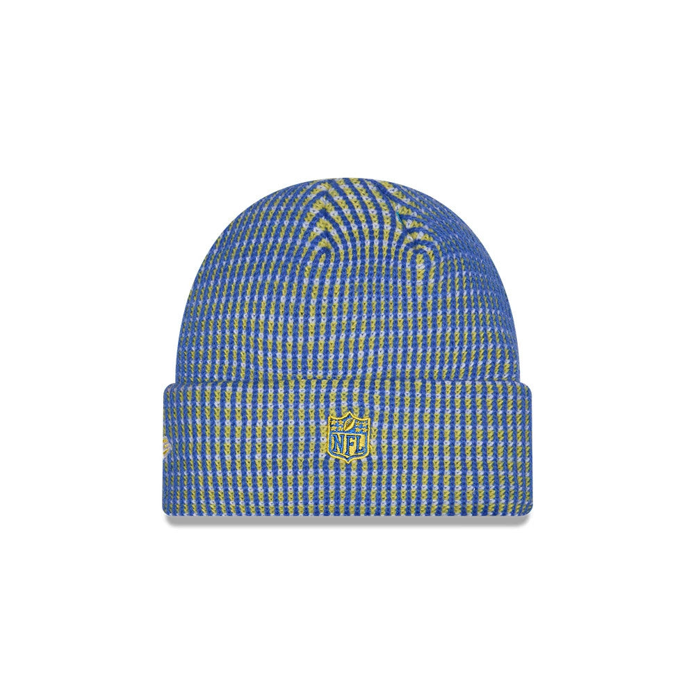 New Era LA Rams NFL Sideline 2026 Blue Cuff Knit Beanie Hat, front view showing a blue and yellow pinstripe pattern, the NFL shield embroidered in gold on the cuff, and the structured ribbed knit texture for warmth and style.