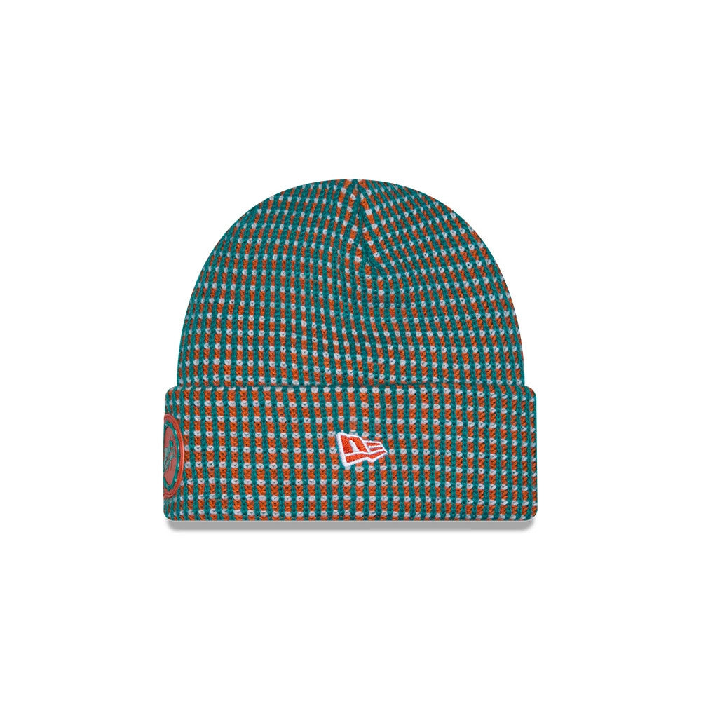 New Era Miami Dolphins NFL Sideline 2026 Orange Cuff Knit Beanie Hat, front view showing the New Era flag logo embroidered in white on the cuff, with a teal and orange colour pattern throughout the beanie.
