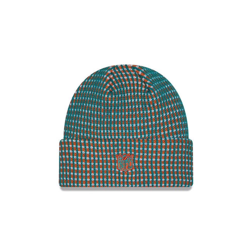 New Era Miami Dolphins NFL Sideline 2026 Orange Cuff Knit Beanie Hat, front view showing a textured knit pattern in alternating orange and teal stripes, with an embroidered NFL shield logo on the front of the folded cuff.