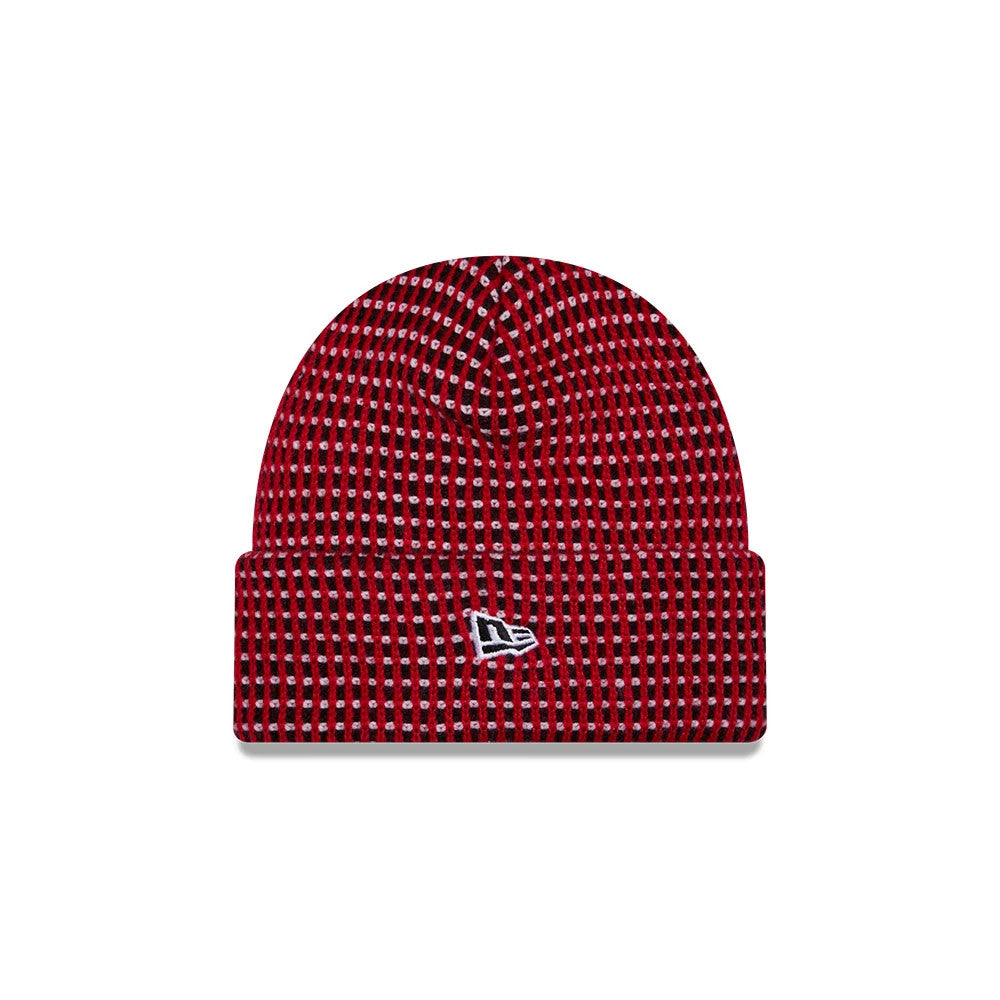 New Era San Francisco 49ers NFL Sideline 2026 Red Cuff Knit Beanie Hat, front view showing a textured red and black woven pattern with a prominent white embroidered New Era flag logo on the cuff, highlighting the snug and design.