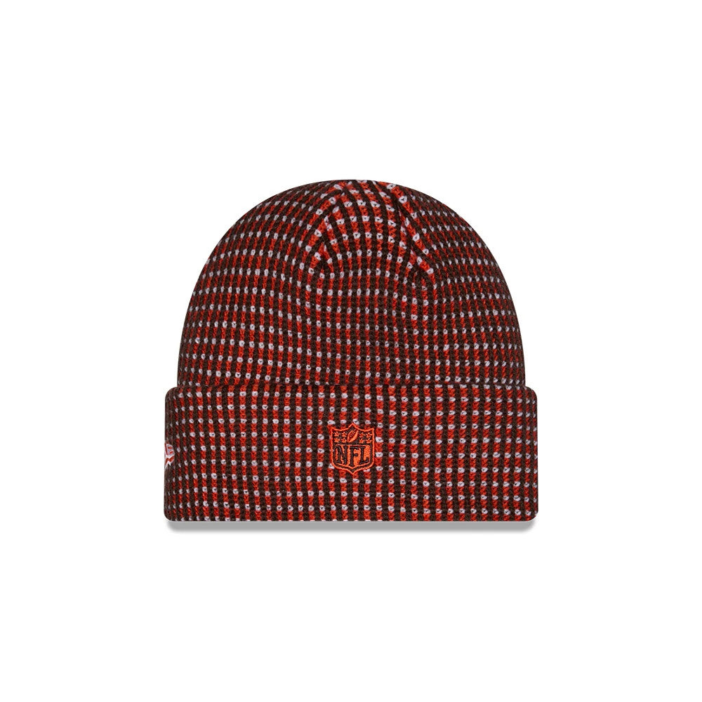 Pictured is this NFL Sideline 2026 Cleveland Browns Cuff Knit Beanie Hat in dark brown. 3