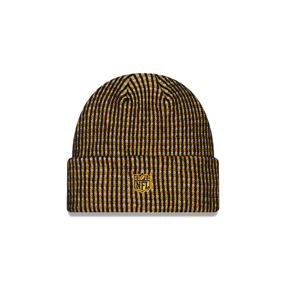 New Era Pittsburgh Steelers NFL Sideline 2026 Yellow Cuff Knit Beanie Hat, front view showing a black and yellow check pattern across the knit fabric, with an embroidered NFL shield logo in yellow centred on the rolled cuff.