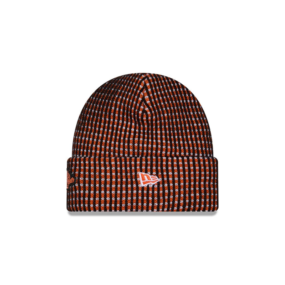 New Era Cincinnati Bengals NFL Sideline 2026 Black Cuff Knit Beanie Hat, front view featuring a unique black and orange knit pattern, the New Era flag logo embroidered in white on the left of the cuff, and a snug, rounded fit.