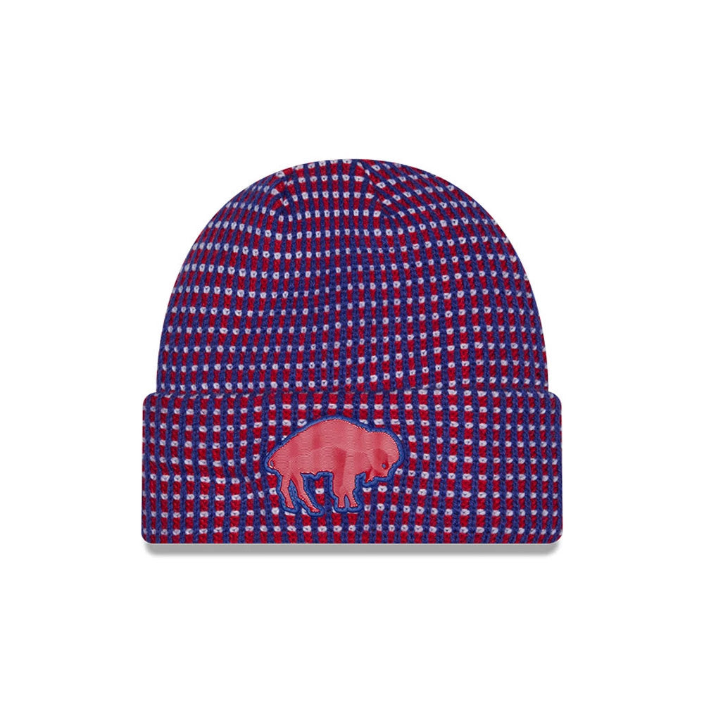 New Era Buffalo Bills NFL Sideline 2026 Blue Cuff Knit Beanie Hat, front view showing a red buffalo silhouette embroidered on the blue and red patterned cuff, with the ribbed texture across the entire beanie.