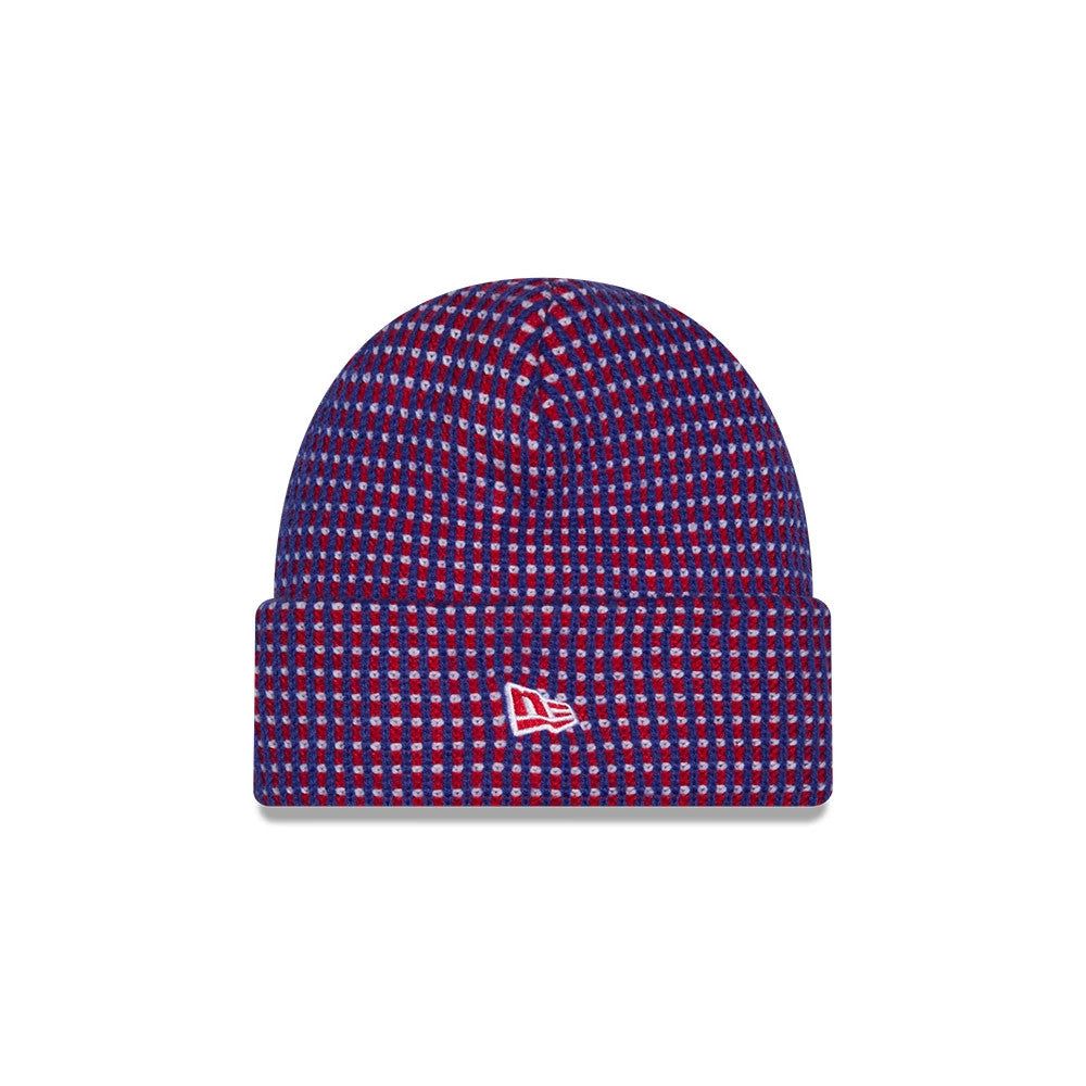 New Era Buffalo Bills NFL Sideline 2026 Blue Cuff Knit Beanie Hat, front view showing a blue and red check pattern across the crown and cuff, with the New Era flag logo embroidered in white on the folded cuff.
