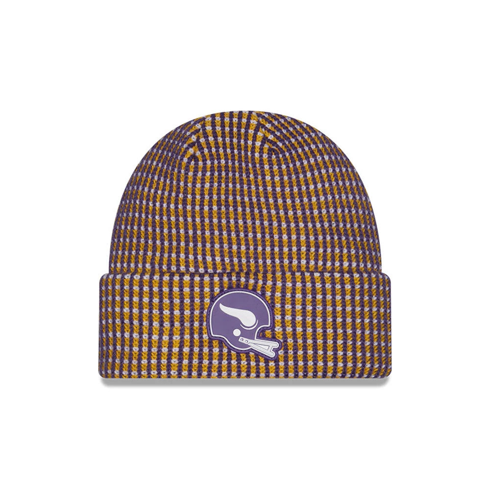 New Era Minnesota Vikings NFL Sideline 2026 Yellow Cuff Knit Beanie Hat, front view showing the purple and yellow checkered pattern with a prominent embroidered white and purple Vikings helmet logo centred on the folded cuff.