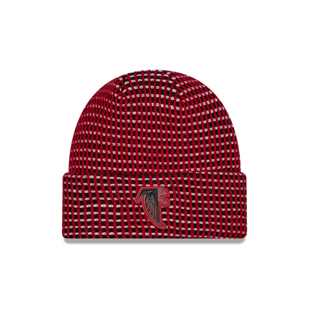 New Era Atlanta Falcons NFL Sideline 2026 Red Cuff Knit Beanie Hat, front view showing the prominent team logo embroidered on the front of the cuff, with a textured red and black knit pattern throughout the structured crown.