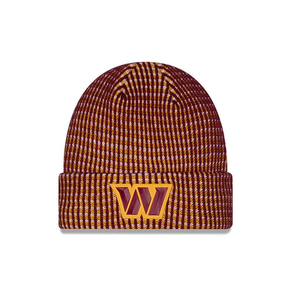 New Era Washington Commanders NFL Sideline 2026 Red & Yellow Cuff Knit Beanie Hat, front view showing a prominent red and yellow W logo embroidered on the turn-up cuff, with a detailed red and yellow knit pattern throughout the beanie.