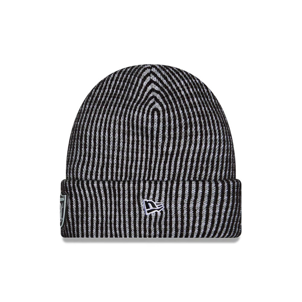 New Era Las Vegas Raiders NFL Sideline 2026 Black & Grey Cuff Knit Beanie Hat, front view showing a vertical striped pattern in black and grey, with the New Era flag logo embroidered in white on the cuff and the team's shield logo at the side.