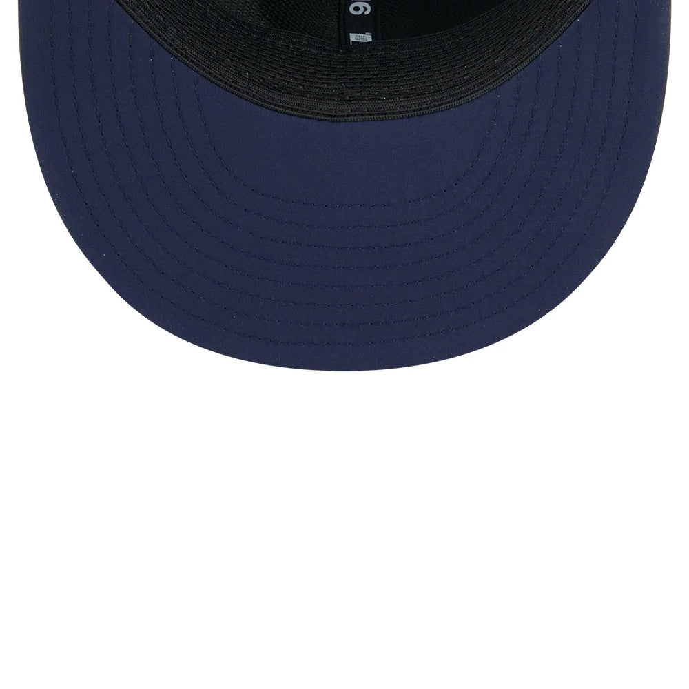 Packers NFL Sideline 2026 Charcoal New Era 9FIFTY Snapback Adjustable Cap, inside view showing a dark undervisor, black internal taping with white size notation, and a matching black sweatband encircling the interior of the structured crown.