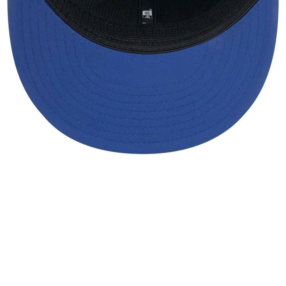 Colts NFL Sideline 2026 Charcoal New Era 9FIFTY Snapback Adjustable Cap, inside view showing the blue undervisor, black sweatband, and taping along the interior of the structured charcoal crown.
