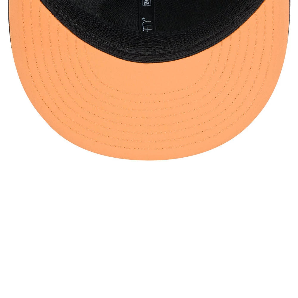 Buccaneers NFL Sideline 2026 Charcoal New Era 9FIFTY Snapback Adjustable Cap, inside view showing the orange undervisor, black New Era taping along the crown seams, and the black sweatband lining the interior for enhanced comfort.