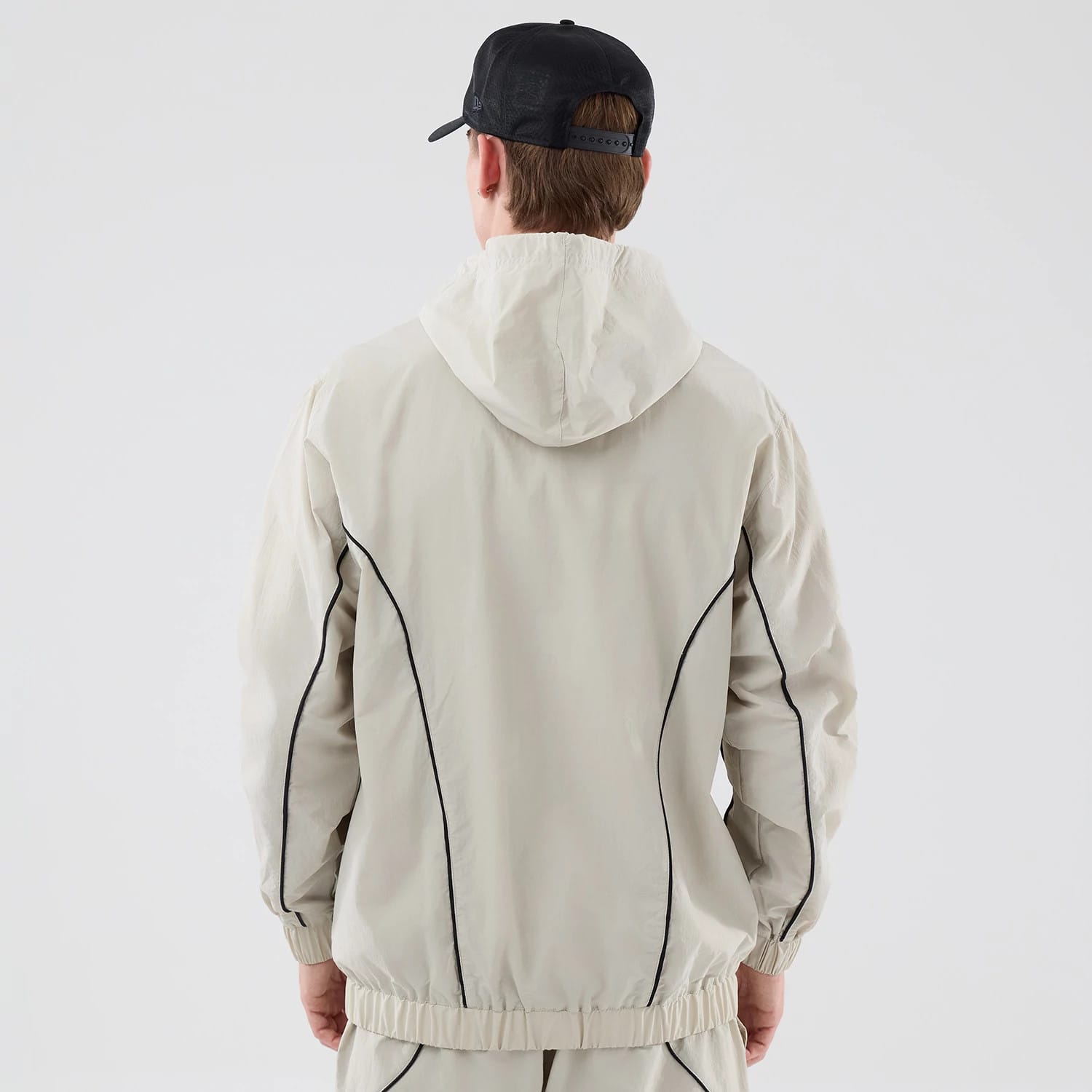The model is wearing this MLB Piping New York Yankees Jacket in cream. 2