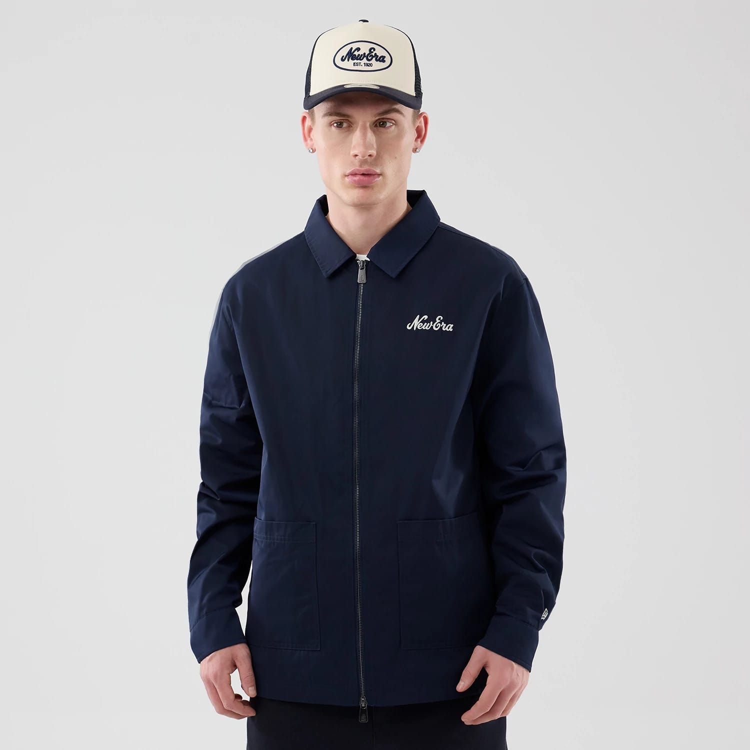 The model is wearing this New Era Shacket in navy. 1