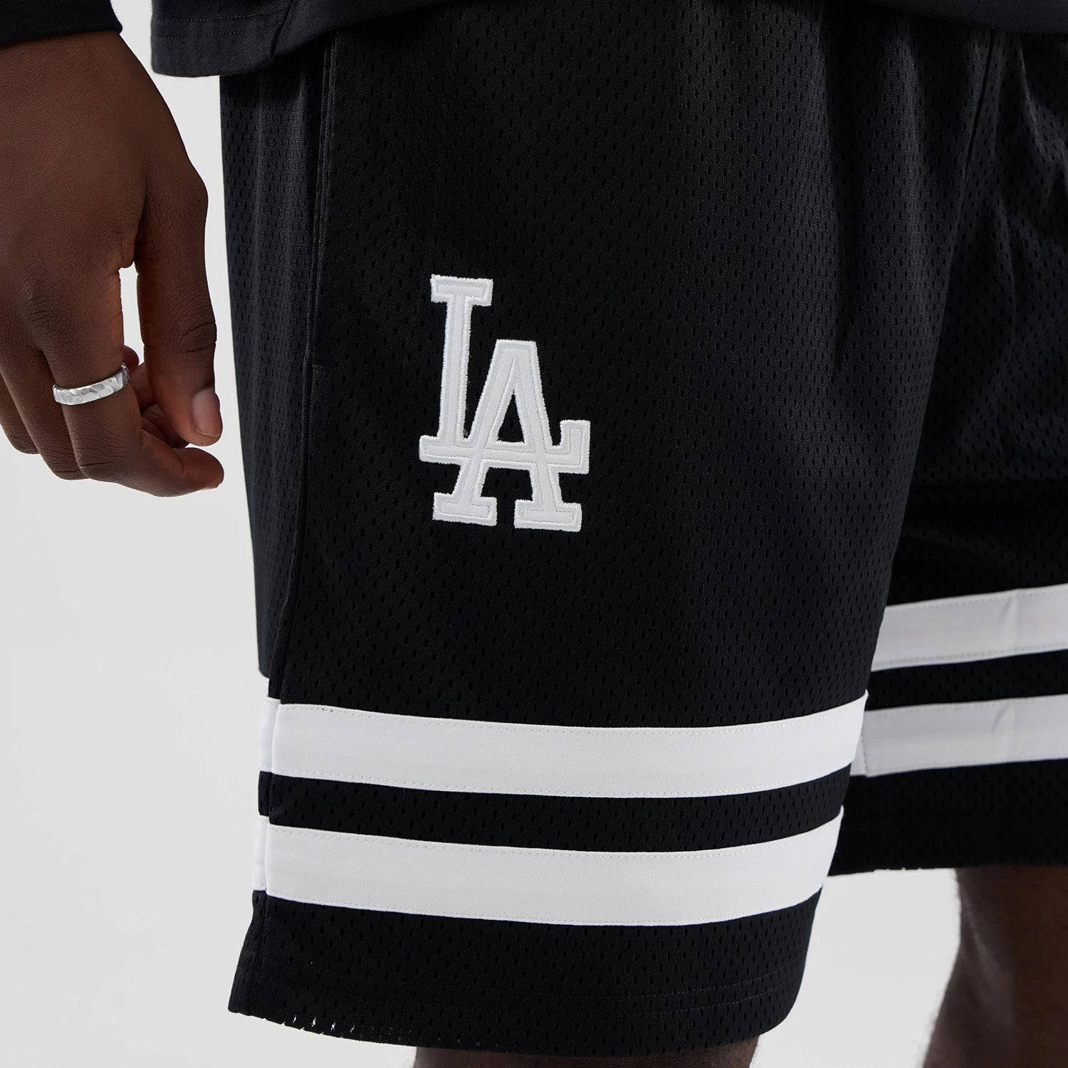 The model is wearing these MLB Mesh LA Dodgers Oversized Shorts in black. 4