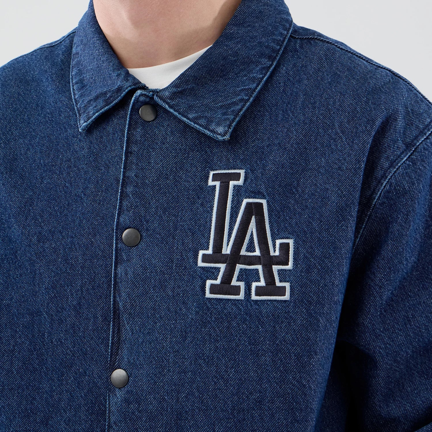 The model is wearing this MLB Coaches LA Dodgers Jacket in dark blue. 4