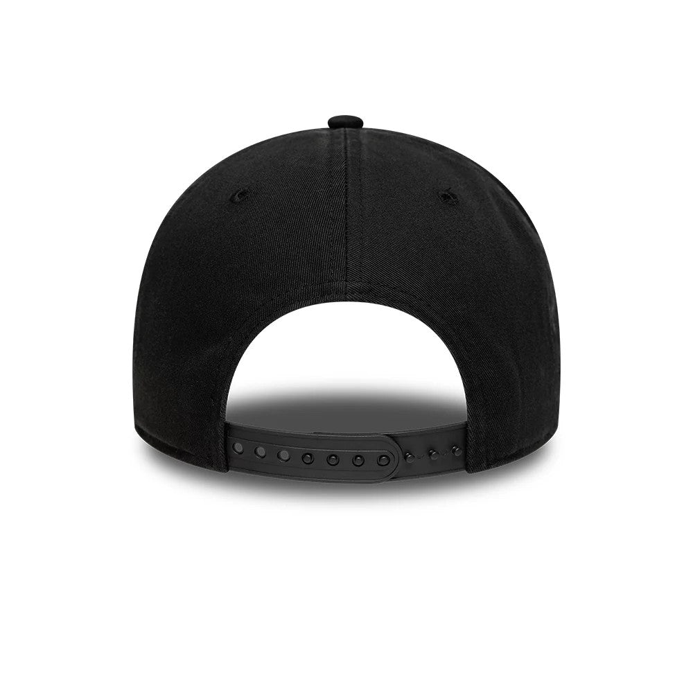 Ducati Motor Black On Black New Era 9FORTY M-Crown Adjustable Cap, rear view showing the black snap closure set low on the structured black crown, with embroidered eyelets and a classic curve to the back panels.