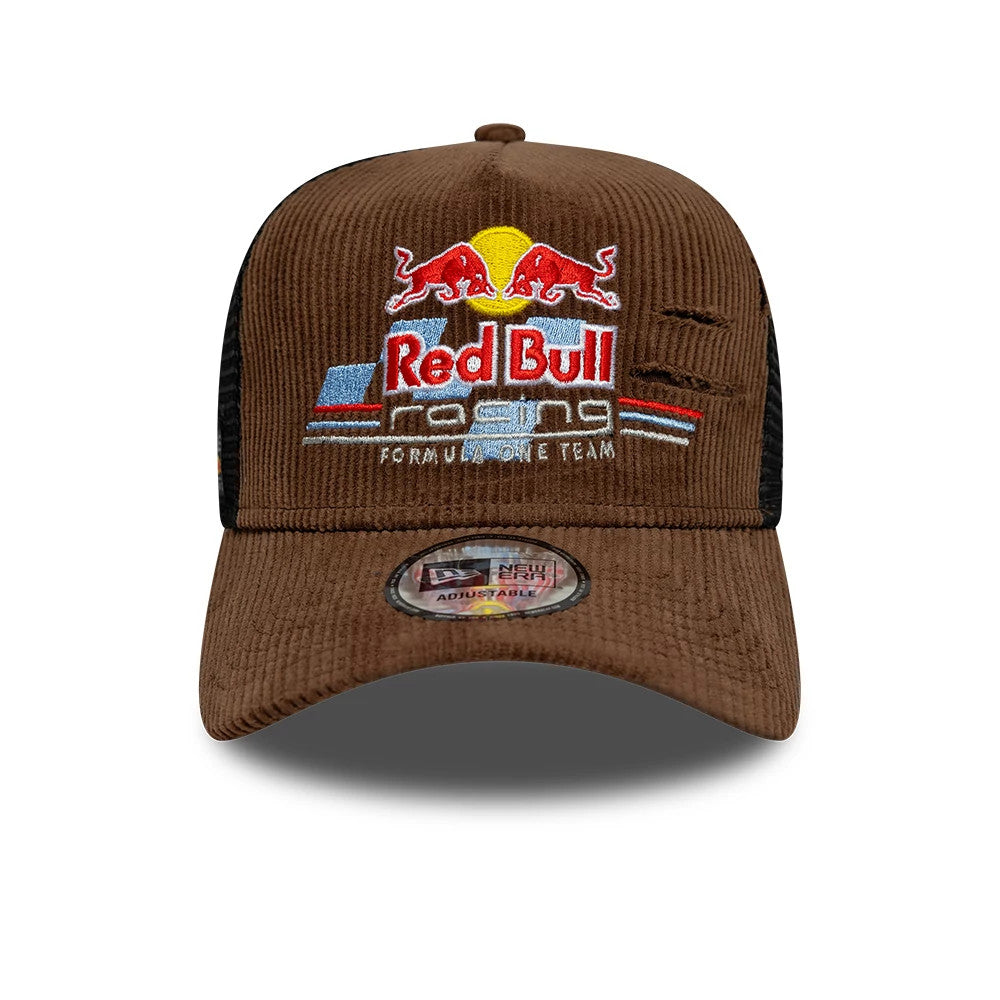 Red Bull Racing Distressed Cord Brown New Era 9FORTY A-Frame Trucker Adjustable Cap, front view showing the multicoloured embroidered Red Bull Racing logo on the brown corduroy crown, with a 9FORTY size sticker on the curved visor.