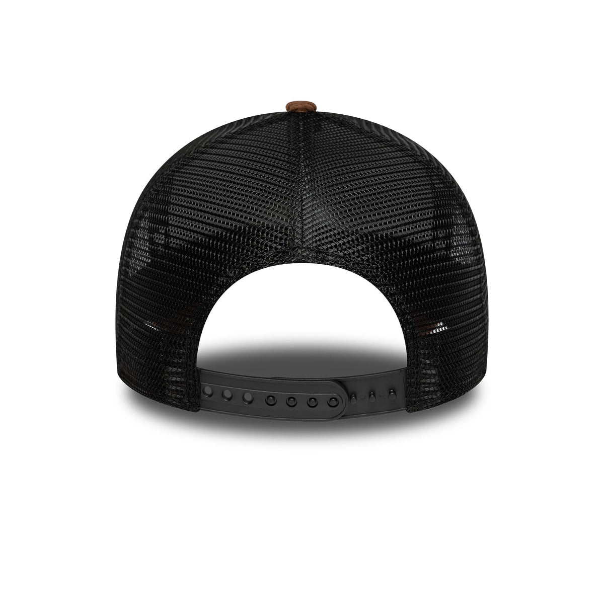 Red Bull Racing Distressed Cord Brown New Era 9FORTY A-Frame Trucker Adjustable Cap, rear view featuring the black mesh trucker back panels and adjustable snap closure, complemented by a brown top button on the crown.