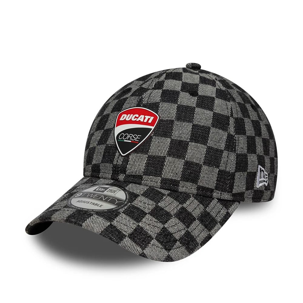 Ducati Motor All Over Print Black New Era 9TWENTY Adjustable Cap, front view showing a red, white, and black Ducati Corse logo on the checkered crown, a curved black and grey visor with a 9TWENTY size sticker.