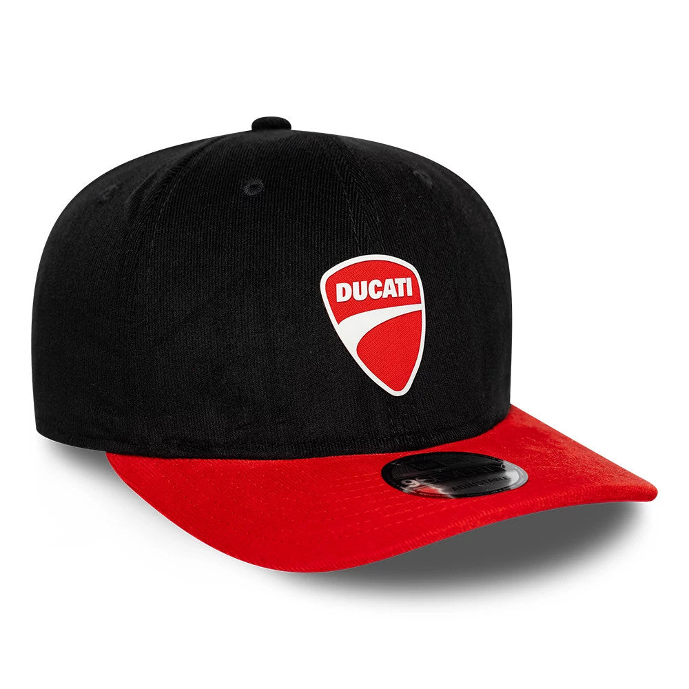 Ducati Motor Contrast Visor Black New Era 9SEVENTY Stretch Snap Adjustable Cap, front view showing the raised red and white Ducati shield logo on the black front panel, with a bright red visor and a 9SEVENTY size sticker on the visor.