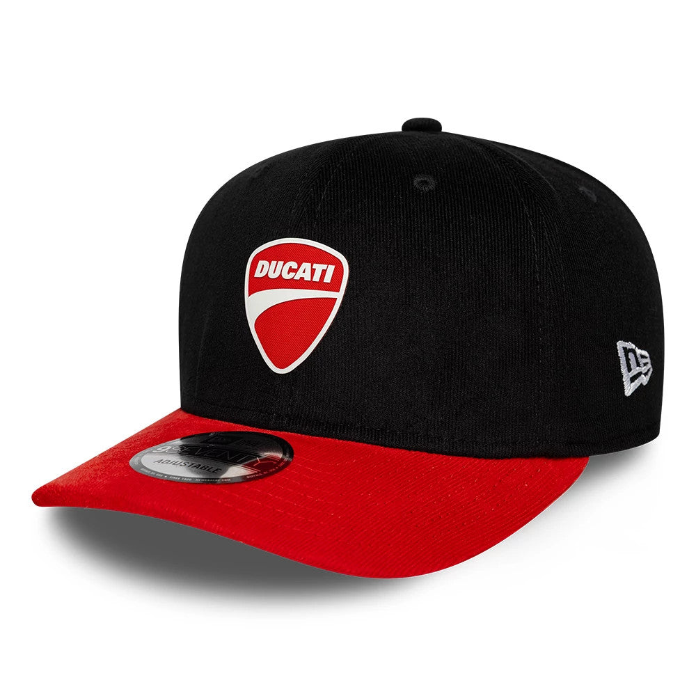 Ducati Motor Contrast Visor Black New Era 9SEVENTY Stretch Snap Adjustable Cap, front view showing the white and red Ducati shield logo embroidered on the black front panel, red curved visor, and black.